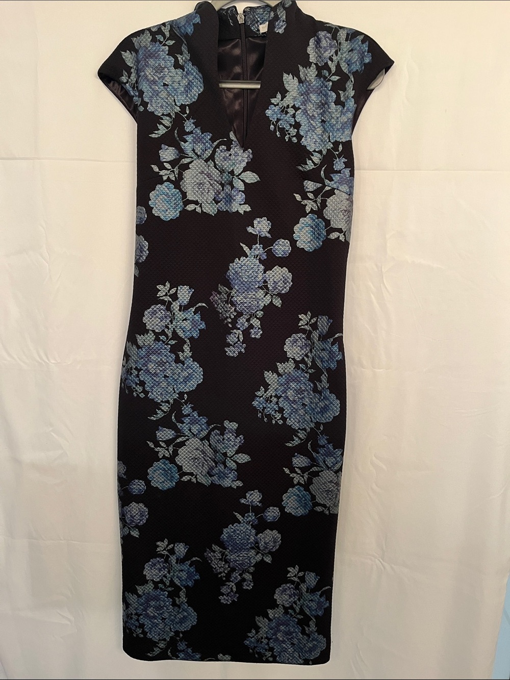 New York & Company Black Midi Dress with Blue Floral Print